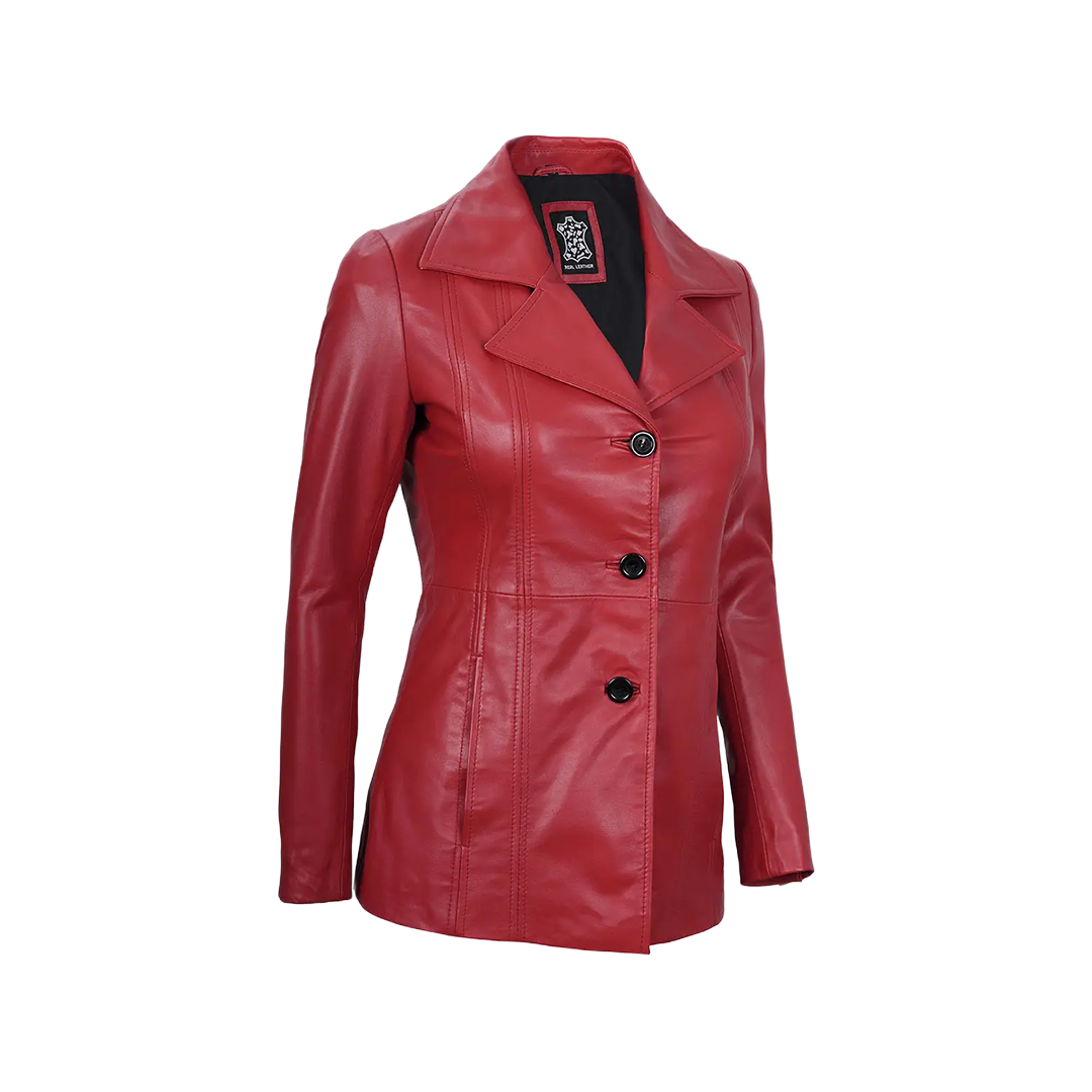 Women's Red Real Leather Blazer Jacket