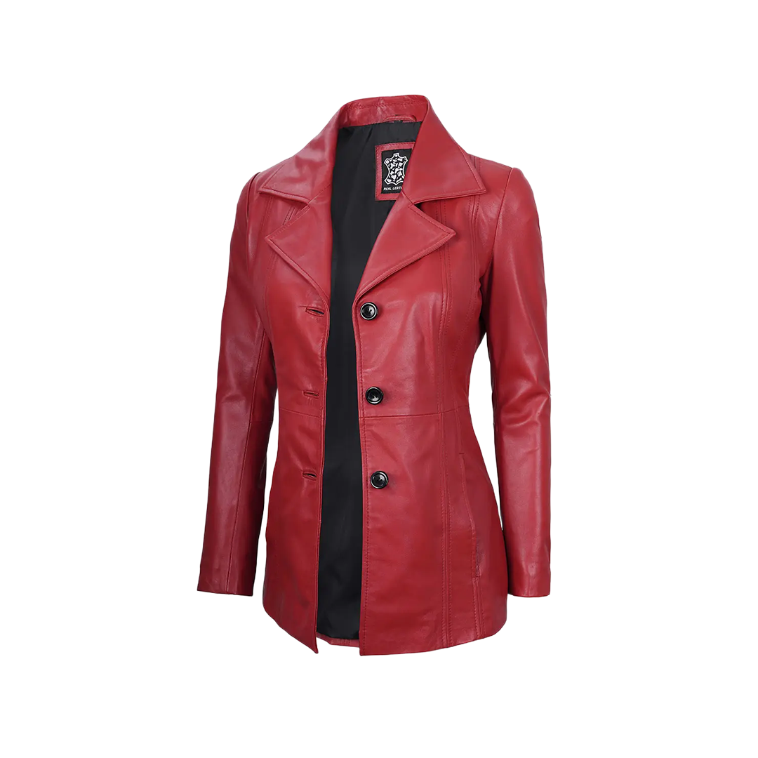Women's Red Real Leather Blazer Jacket