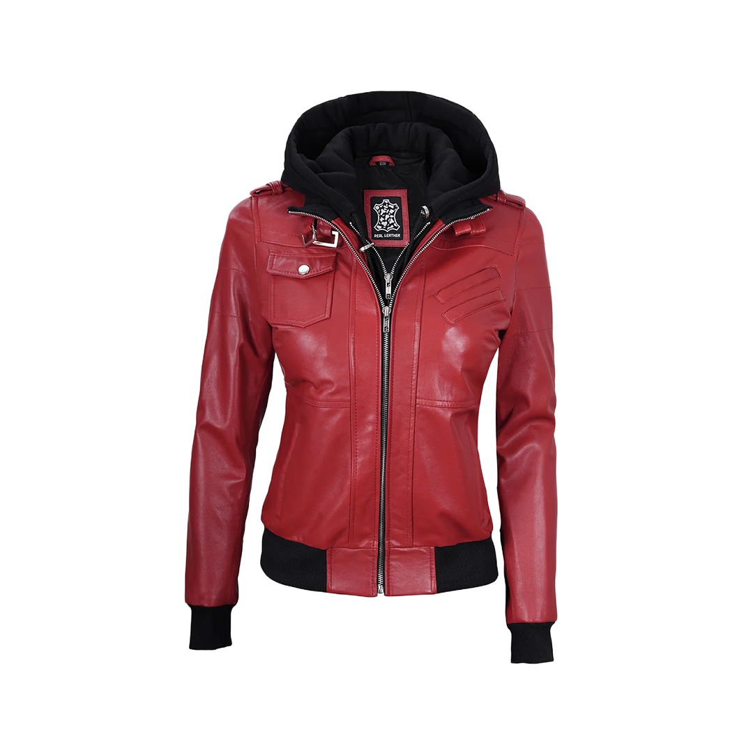 Women's Red Leather Jacket with Removable Hood