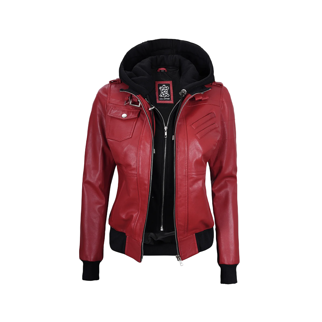 Women's Red Leather Jacket with Removable Hood