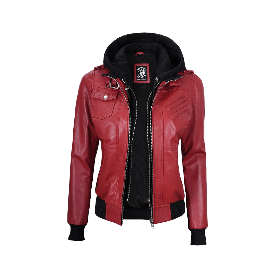 Women's Red Leather Jacket with Removable Hood