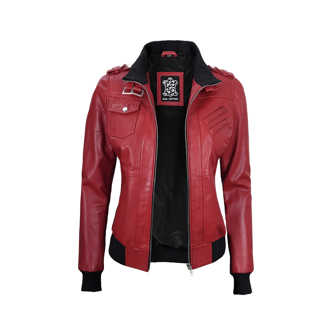 Women's Red Leather Jacket with Removable Hood