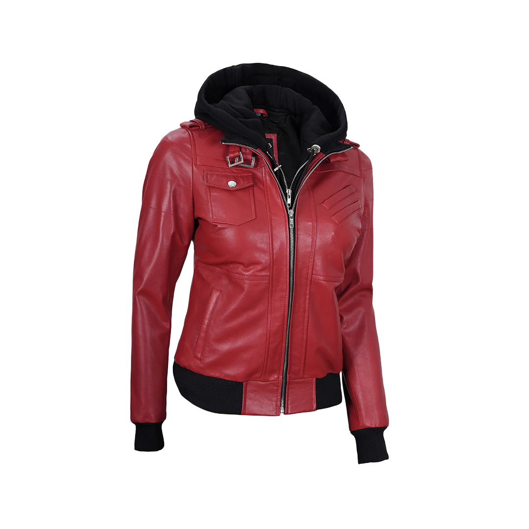 Women's Red Leather Jacket with Removable Hood