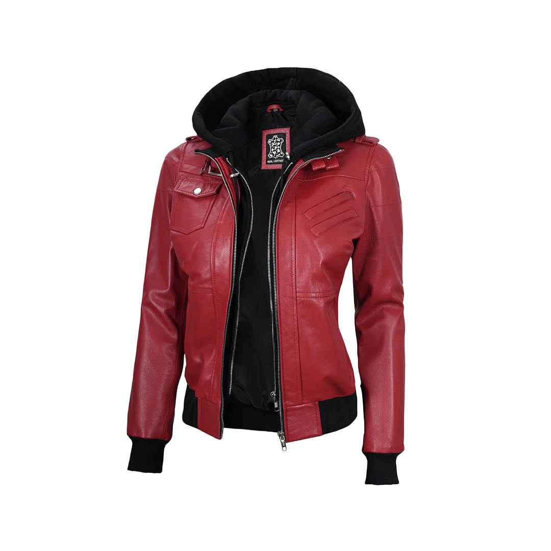 Women's Red Leather Jacket with Removable Hood