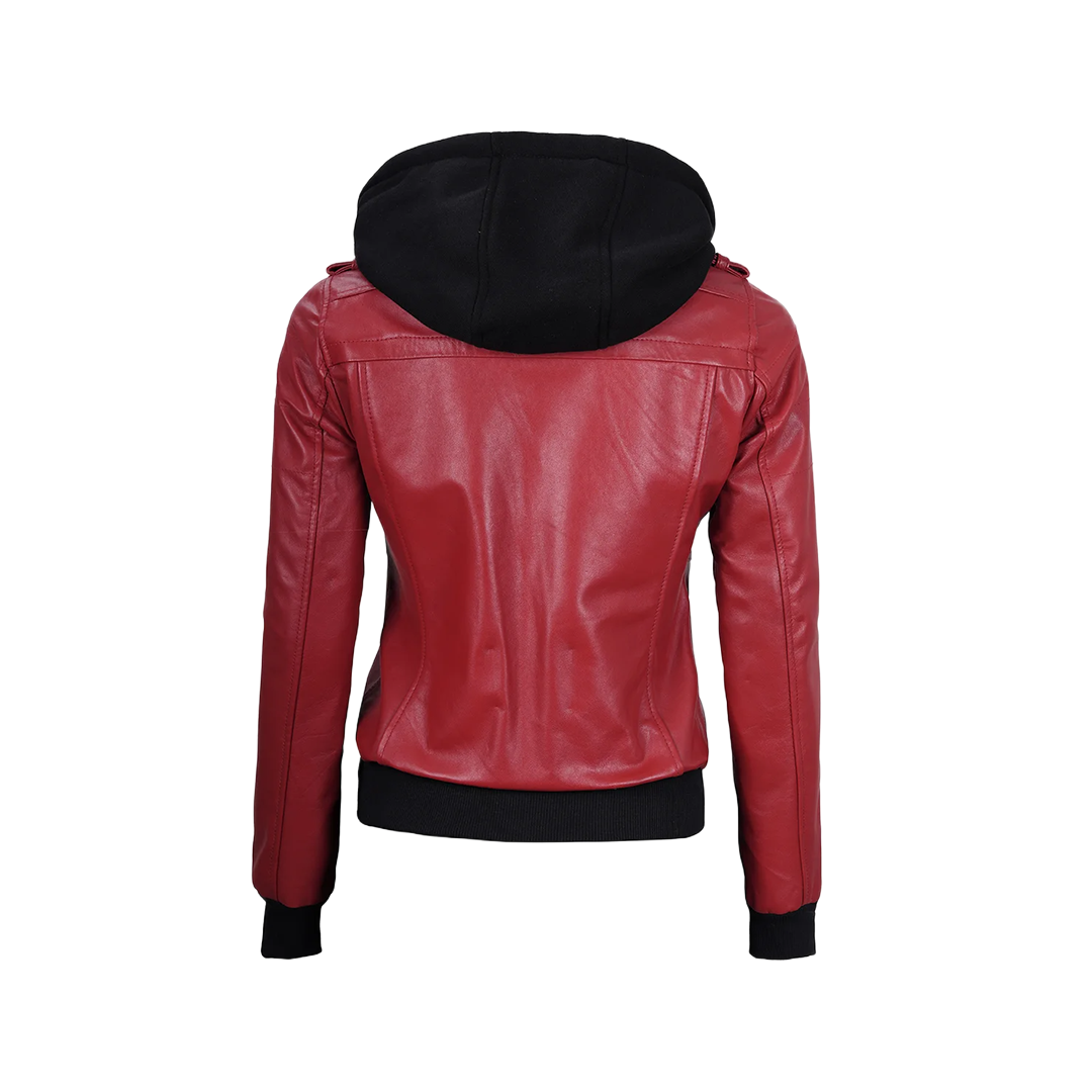Women's Red Leather Jacket with Removable Hood