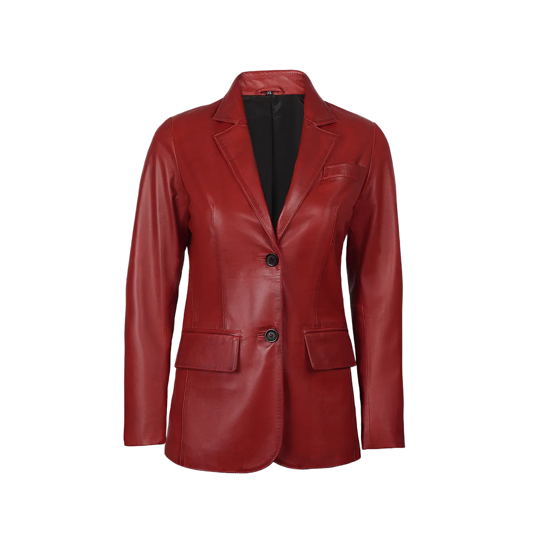 Women's Two Button Red Leather Blazer Jacket