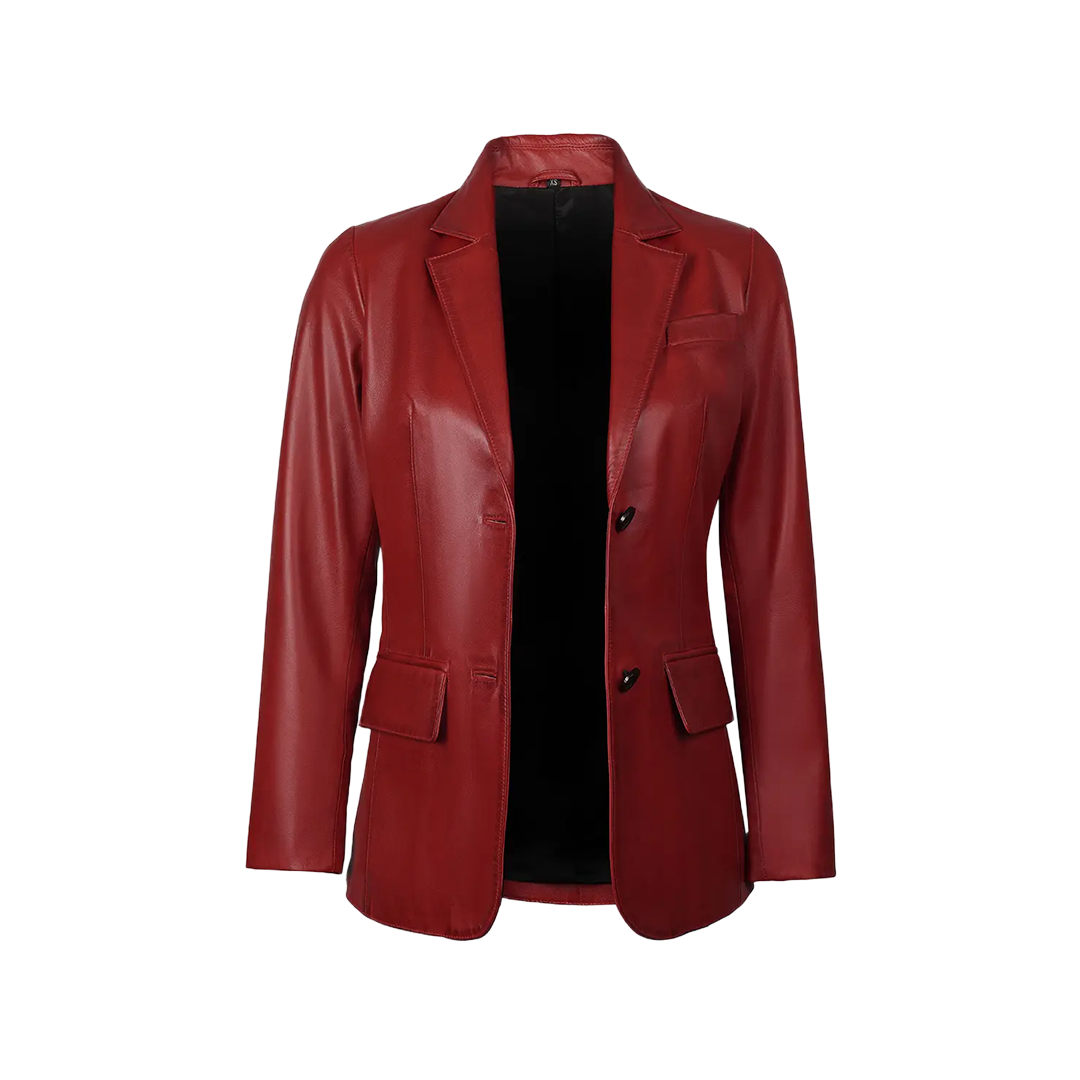 Women's Two Button Red Leather Blazer Jacket