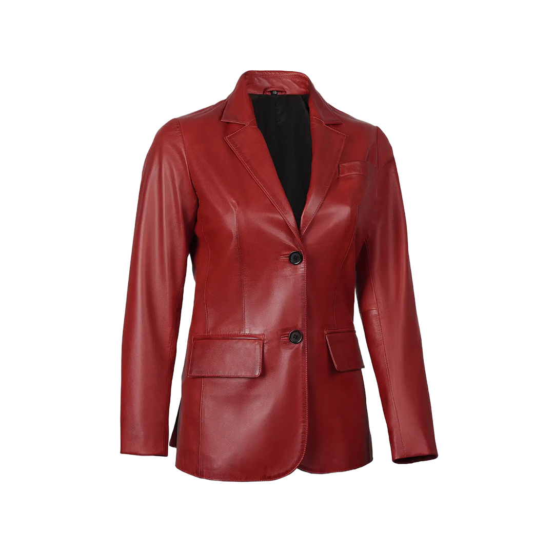 Women's Two Button Red Leather Blazer Jacket