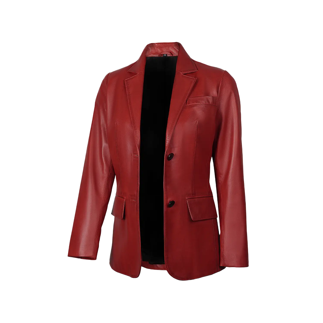 Women's Two Button Red Leather Blazer Jacket