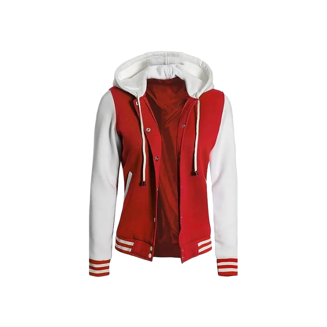 Women's Letterman Red and White Varsity Jacket With Hood
