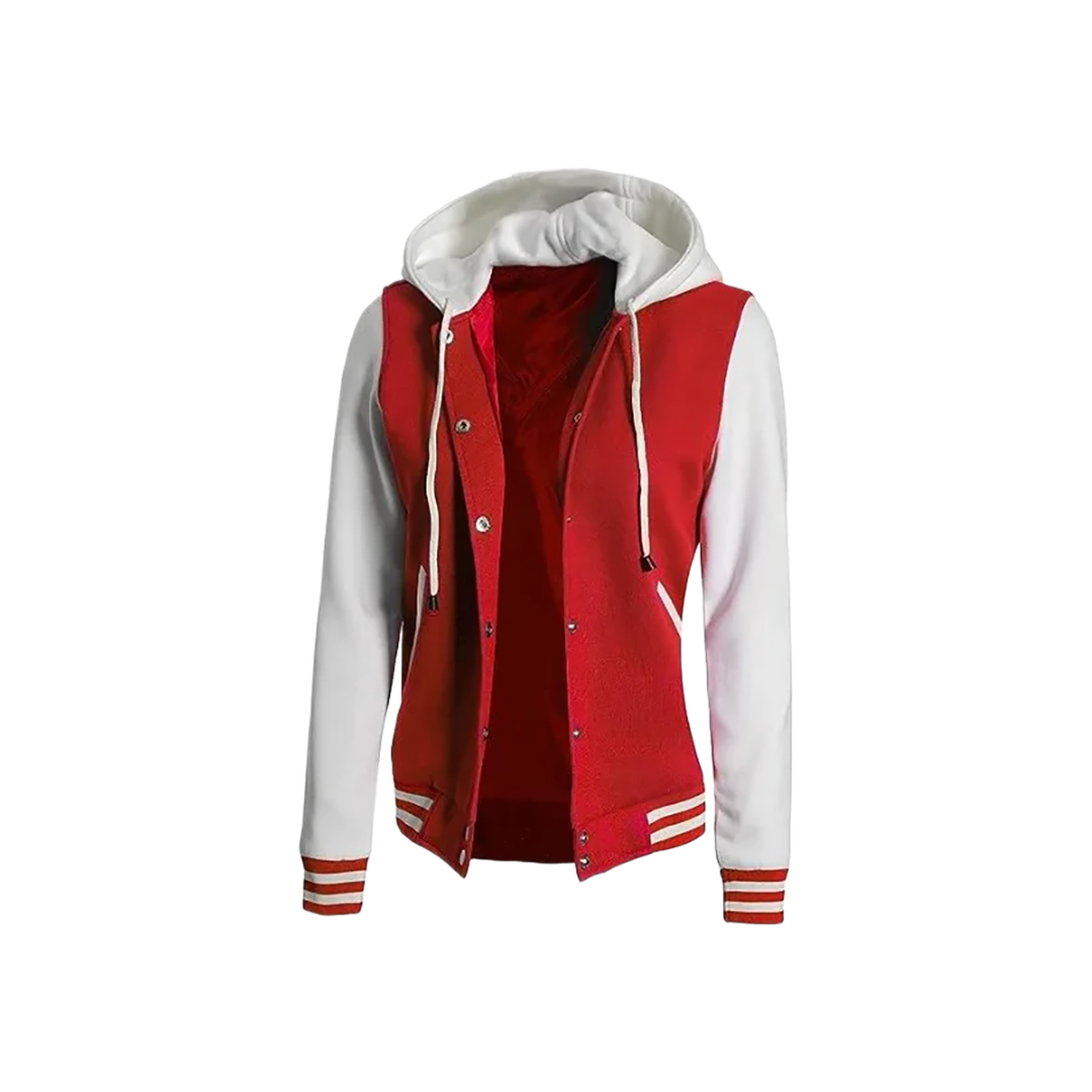 Women's Letterman Red and White Varsity Jacket With Hood