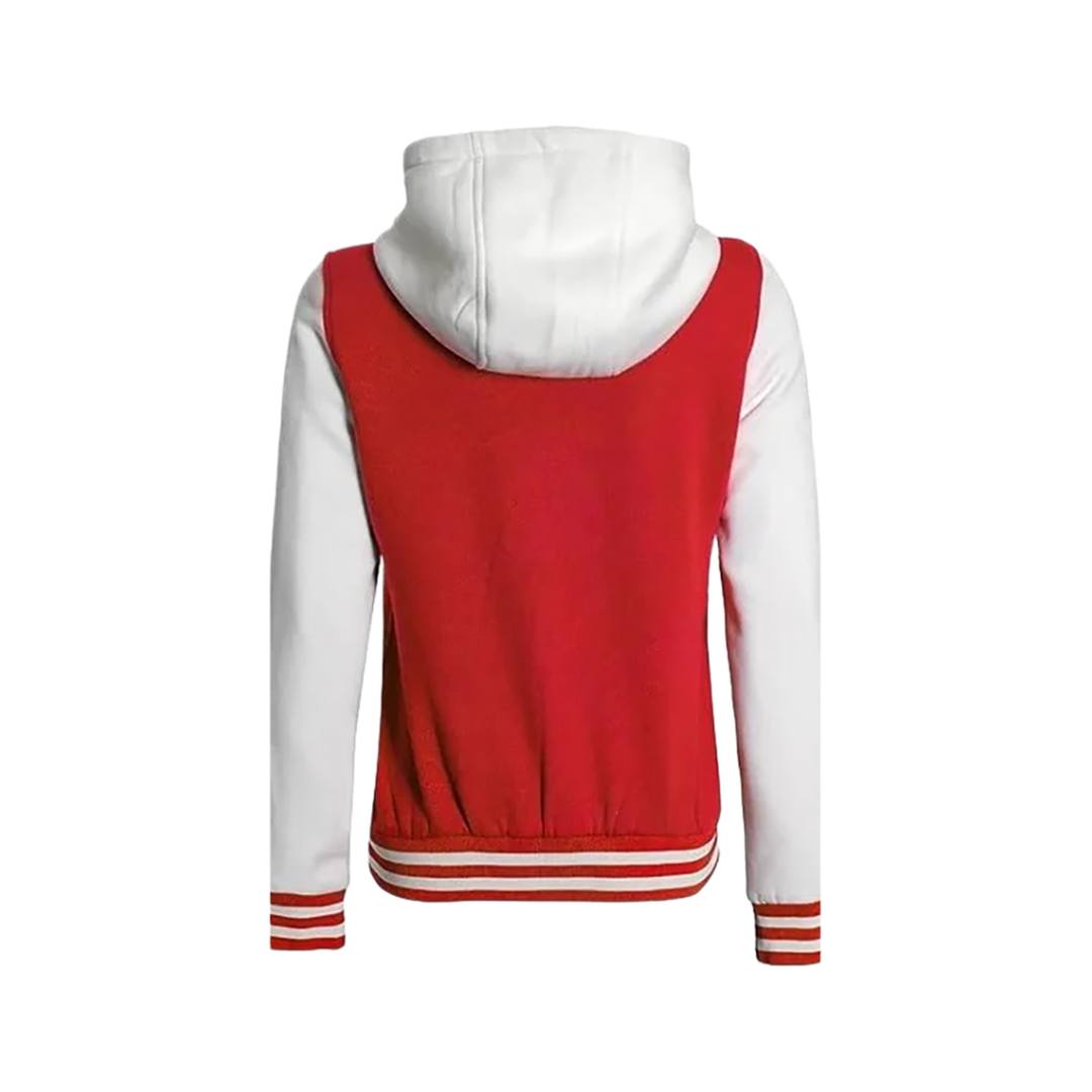 Women's Letterman Red and White Varsity Jacket With Hood