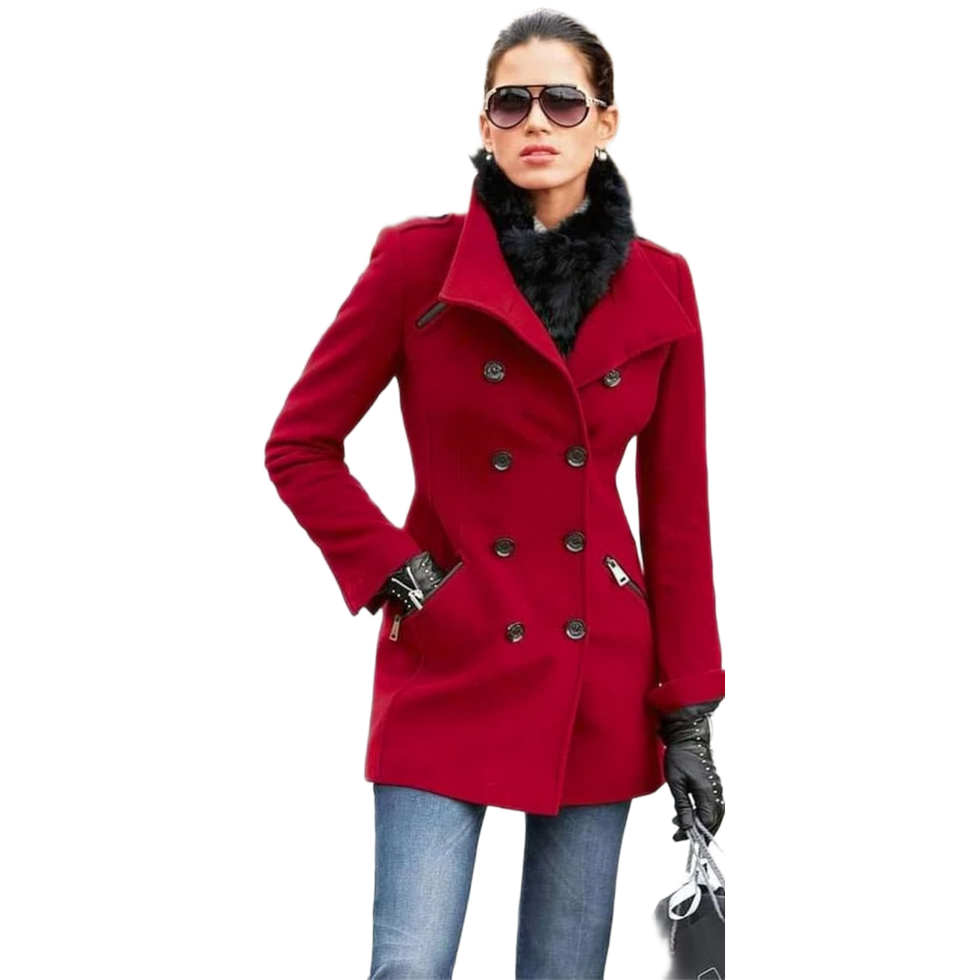 Women's Regular Fit Red Double Breasted Wool Peacoat