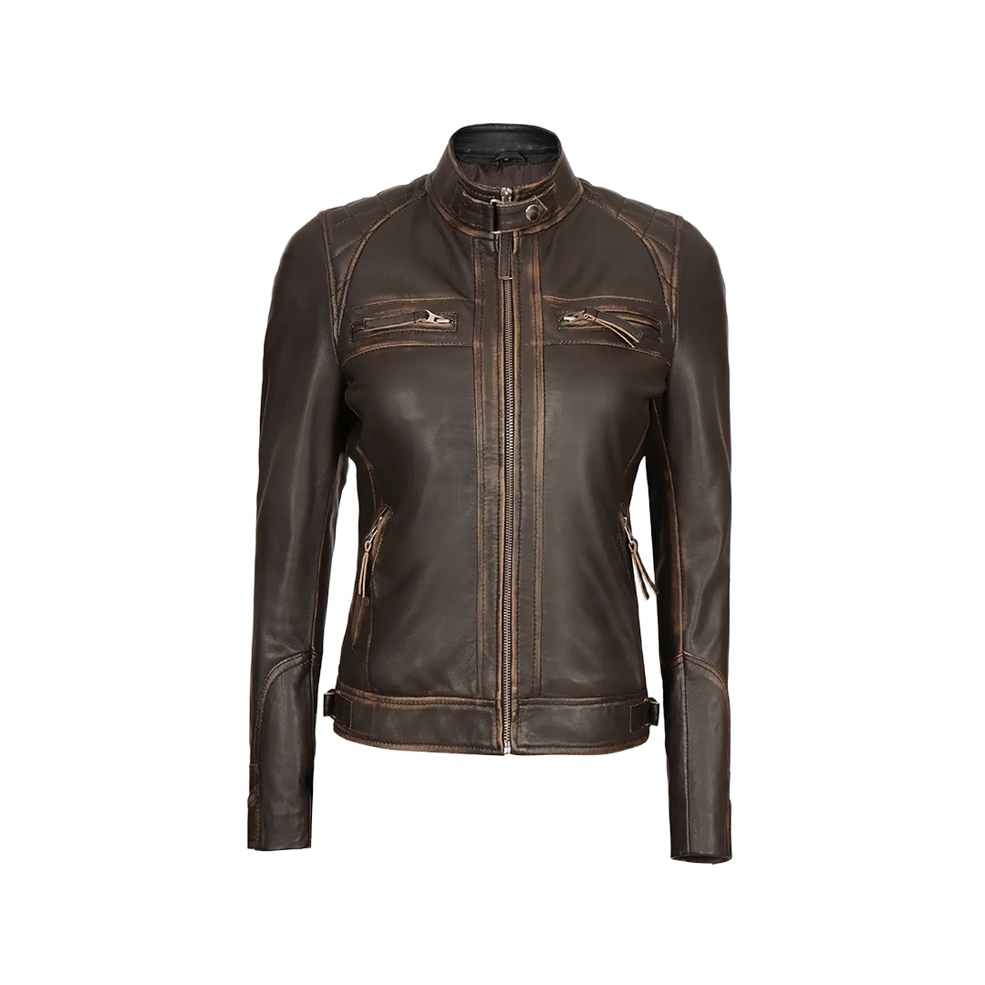 Women's Rub Off Dark Brown Quilted Leather Cafe Racer Jacket with Strap Collar
