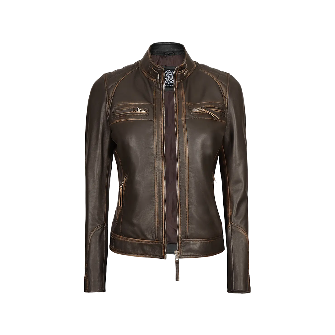 Women's Rub Off Dark Brown Quilted Leather Cafe Racer Jacket with Strap Collar