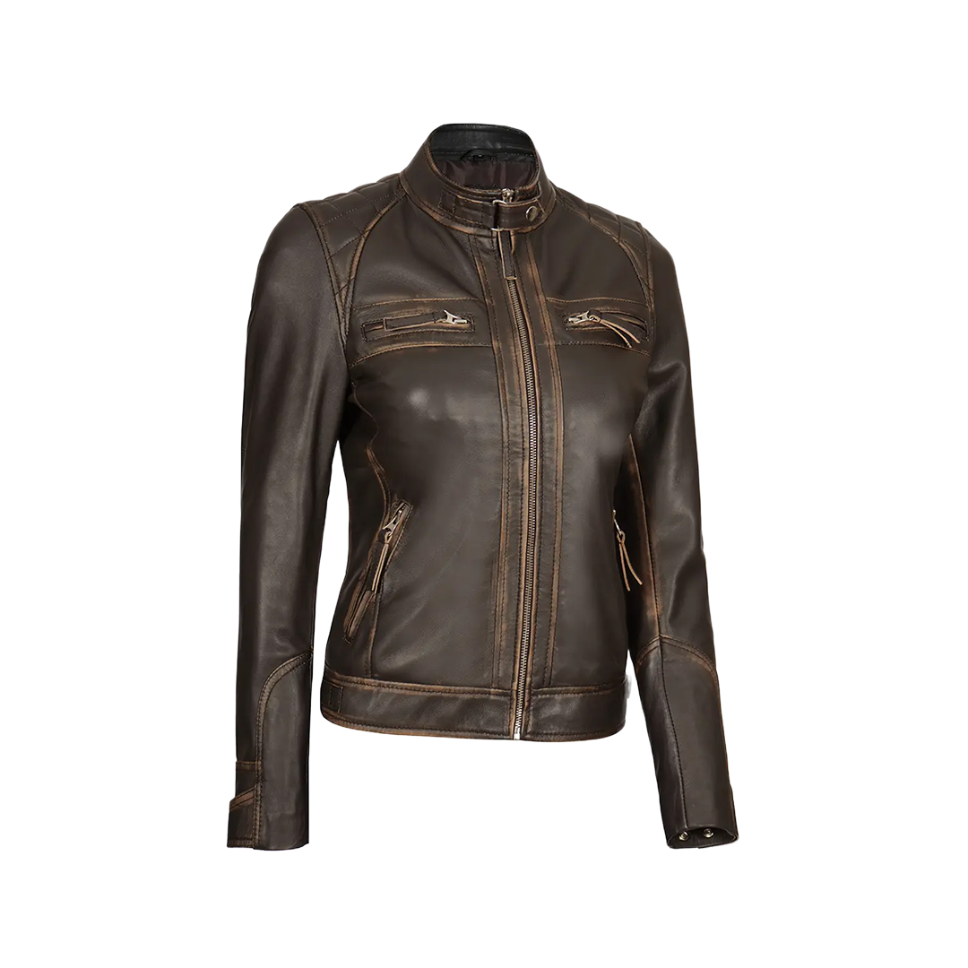 Women's Rub Off Dark Brown Quilted Leather Cafe Racer Jacket with Strap Collar