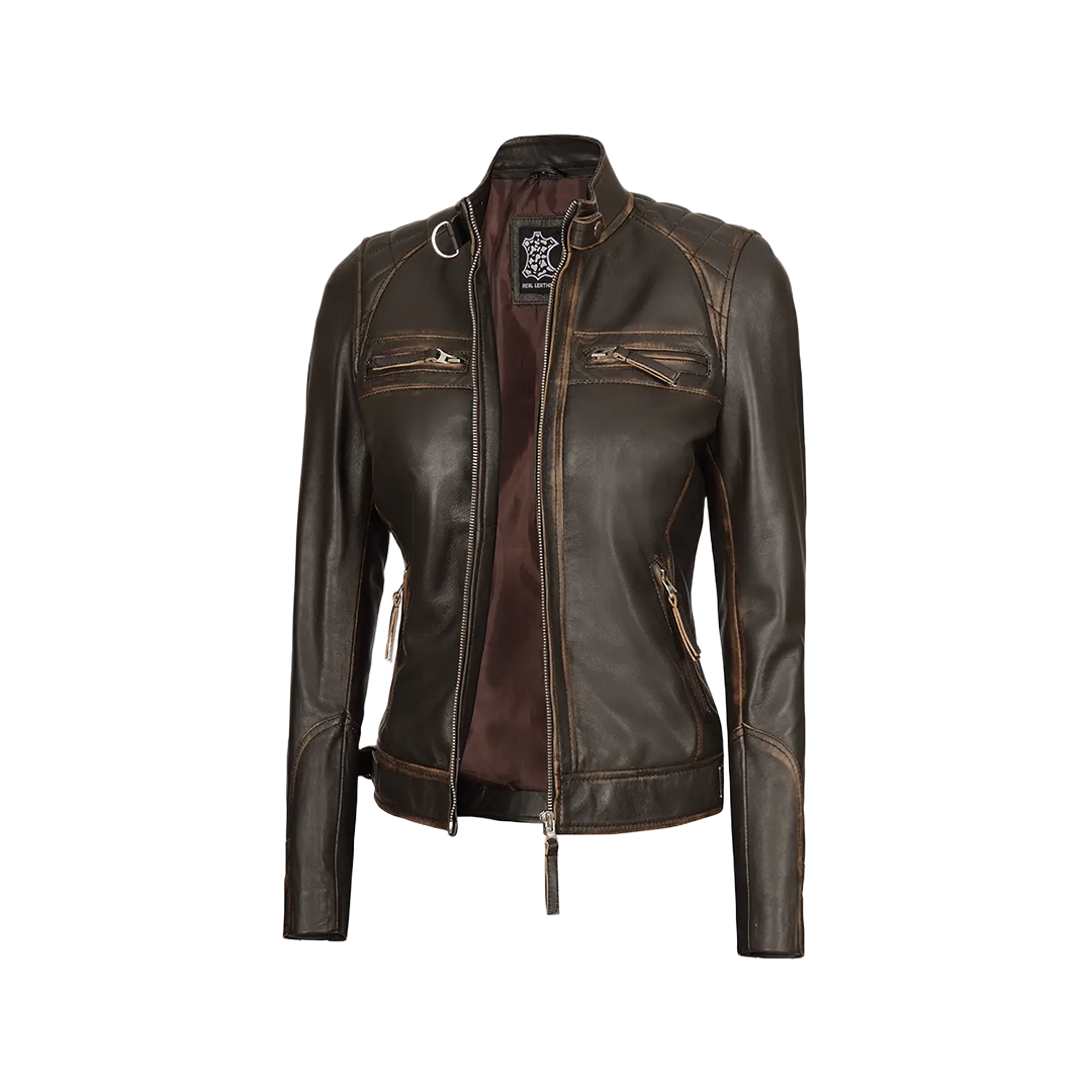 Women's Rub Off Dark Brown Quilted Leather Cafe Racer Jacket with Strap Collar