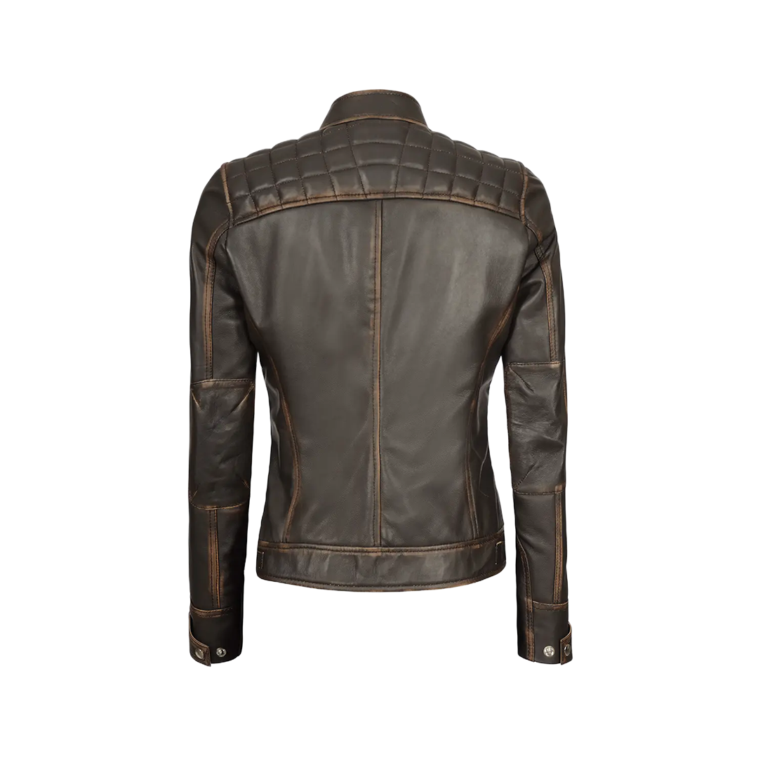 Women's Rub Off Dark Brown Quilted Leather Cafe Racer Jacket with Strap Collar