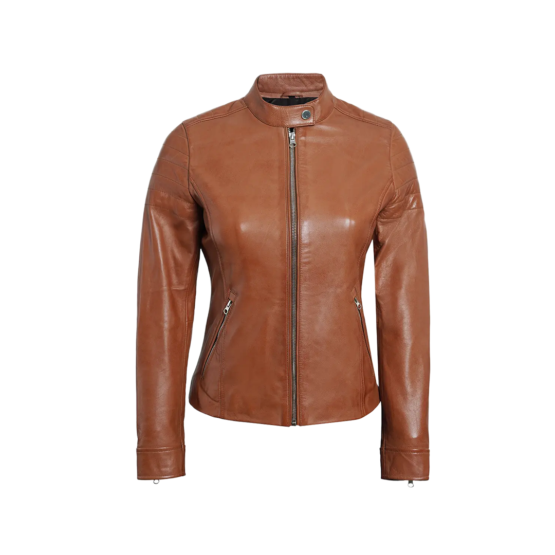 Women's Tan Brown Cafe Racer Leather Biker Jacket