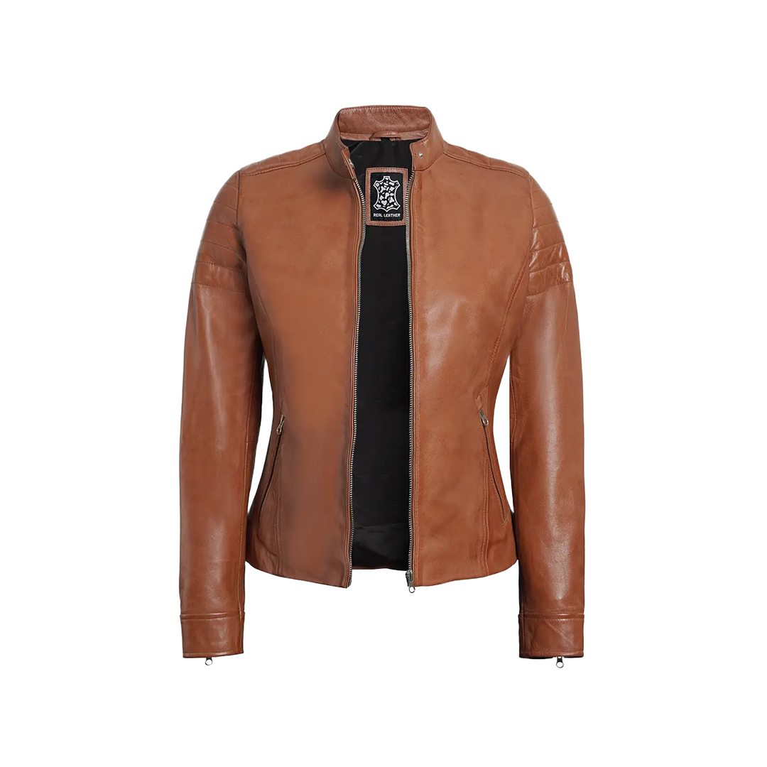 Women's Tan Brown Cafe Racer Leather Biker Jacket