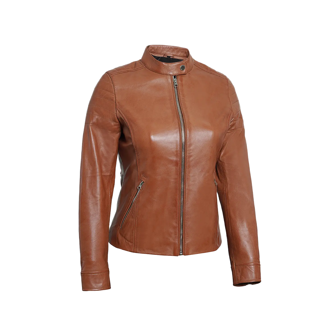 Women's Tan Brown Cafe Racer Leather Biker Jacket
