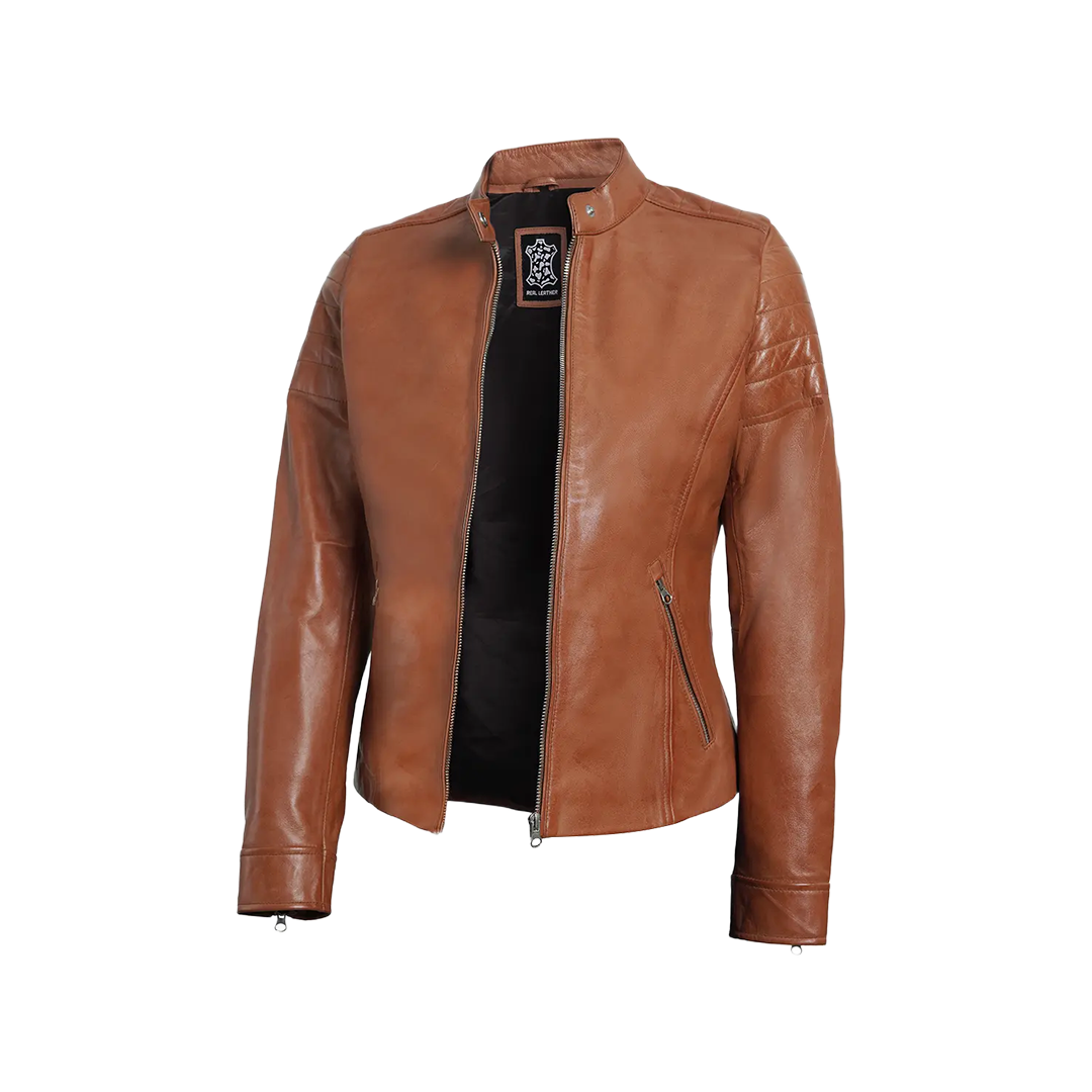 Women's Tan Brown Cafe Racer Leather Biker Jacket