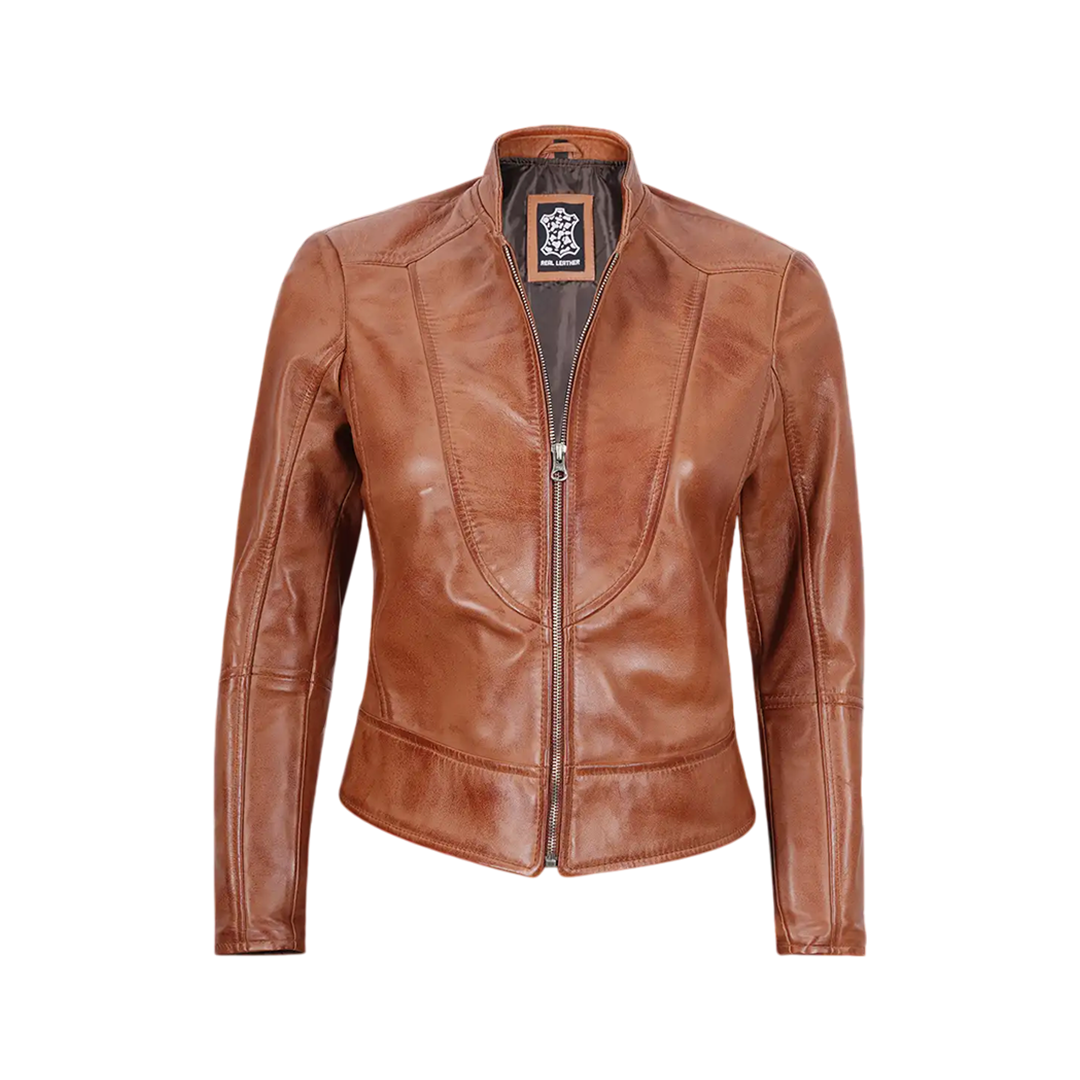 Women's Tan Brown Lambskin Leather Cafe Racer Jacket