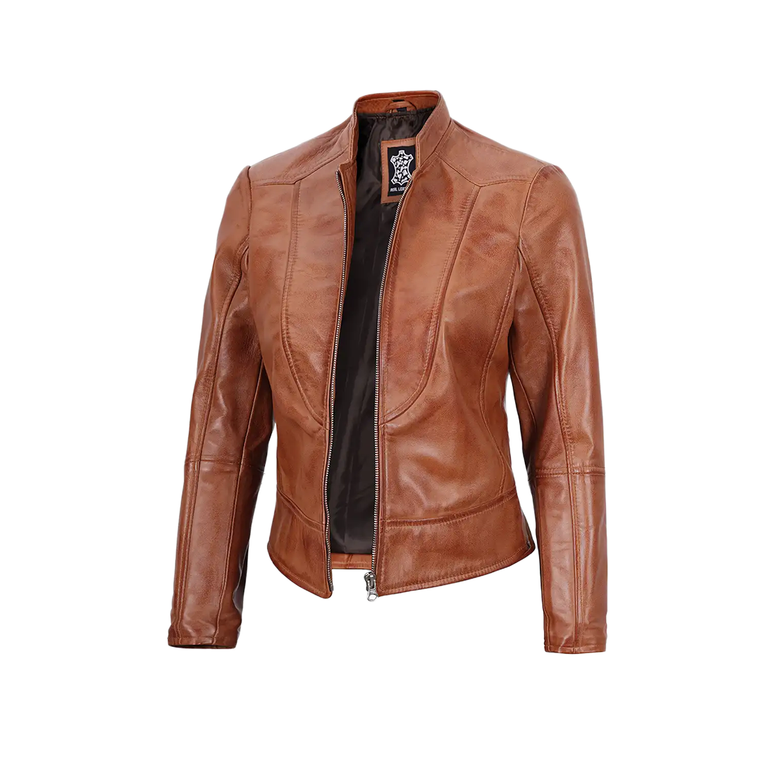Women's Tan Brown Lambskin Leather Cafe Racer Jacket