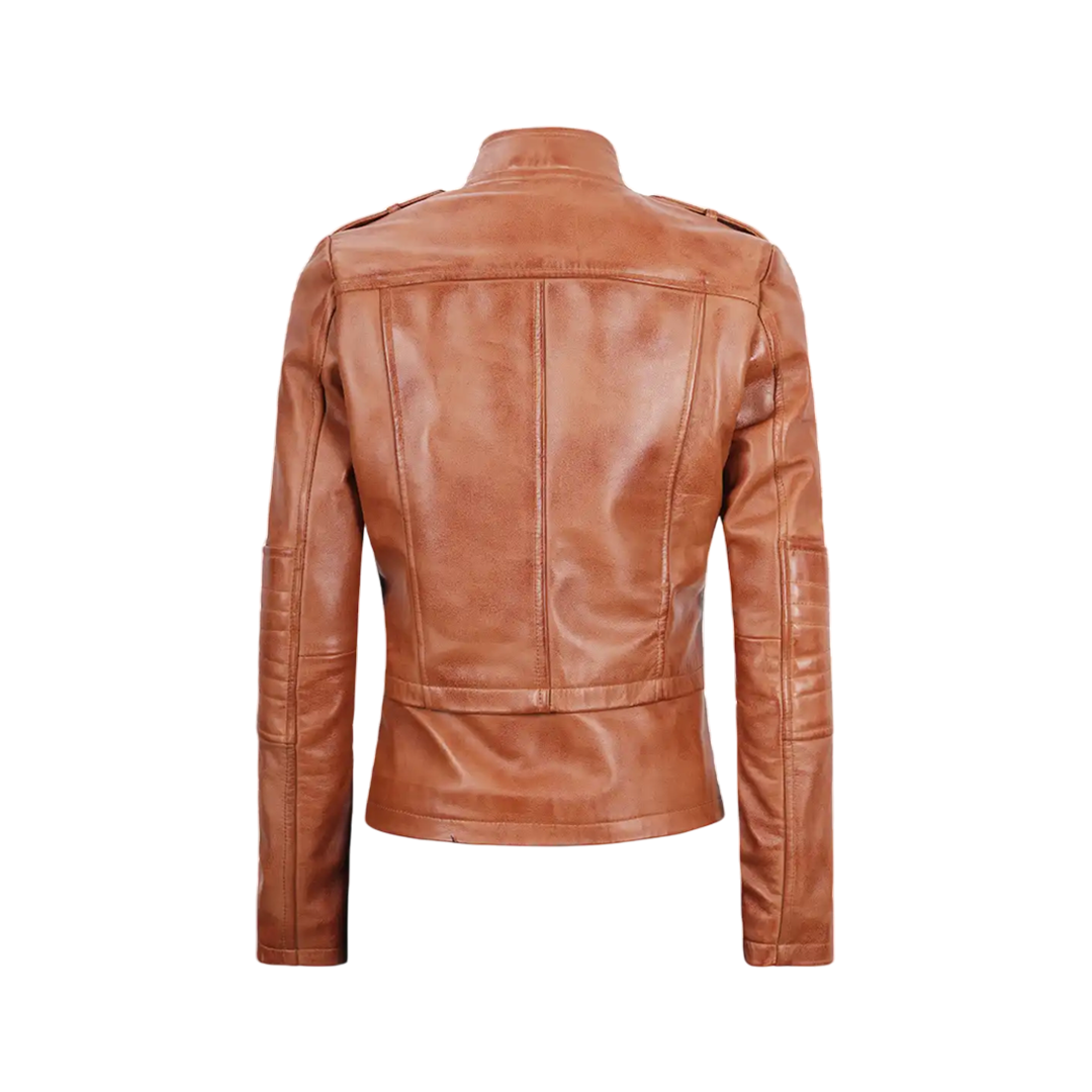 Women's Tan Brown Leather Motorcycle Jacket