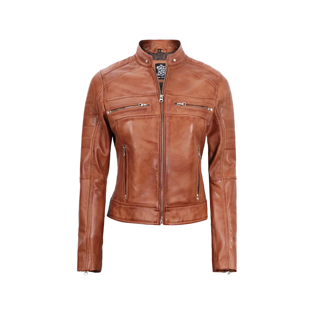 Women's Tan Brown Cafe Racer Leather Jacket