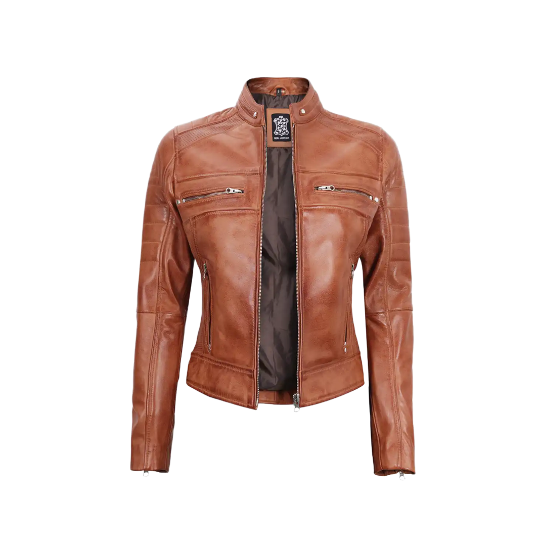 Women's Tan Brown Cafe Racer Leather Jacket