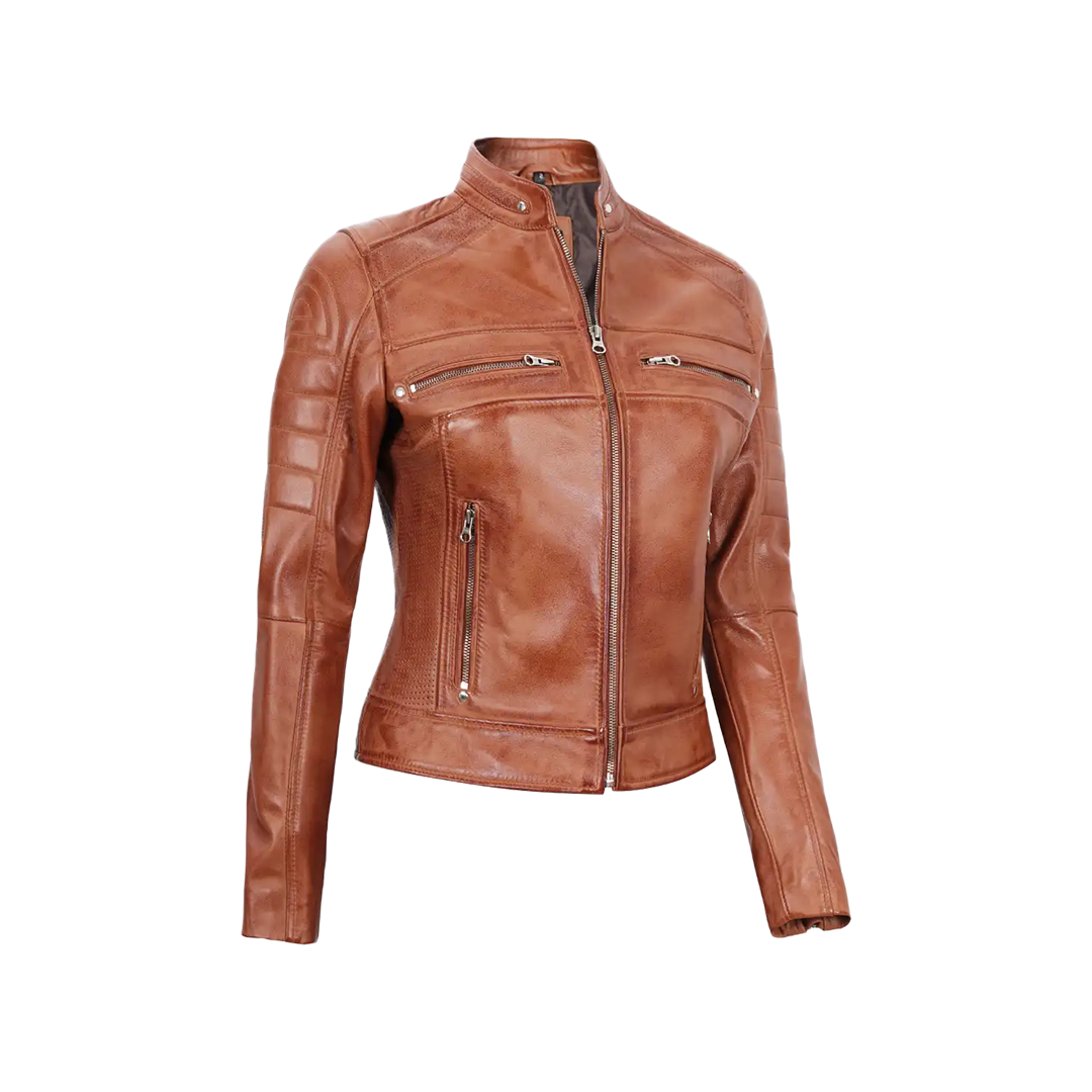 Women's Tan Brown Cafe Racer Leather Jacket