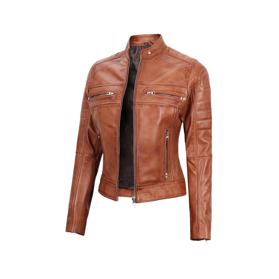 Women's Tan Brown Cafe Racer Leather Jacket