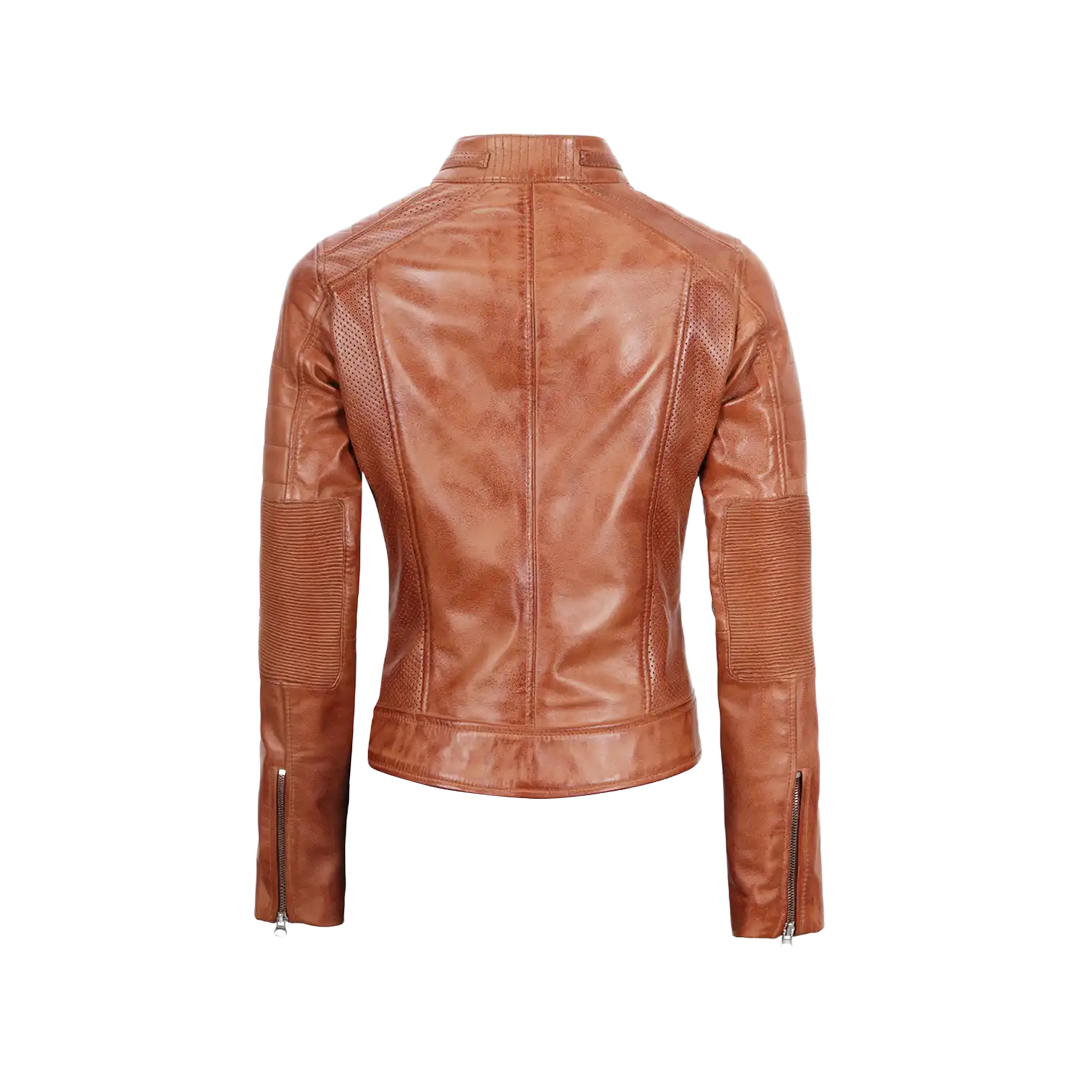 Women's Tan Brown Cafe Racer Leather Jacket
