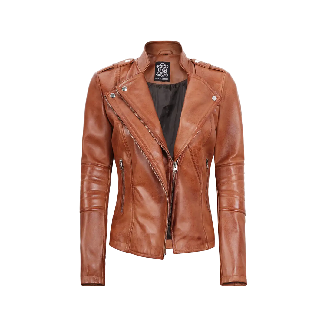 Women's Tan Brown Leather Motorcycle Jacket