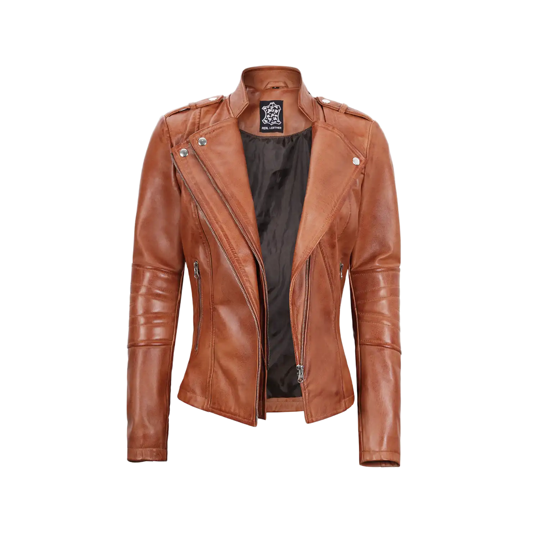Women's Tan Brown Leather Motorcycle Jacket
