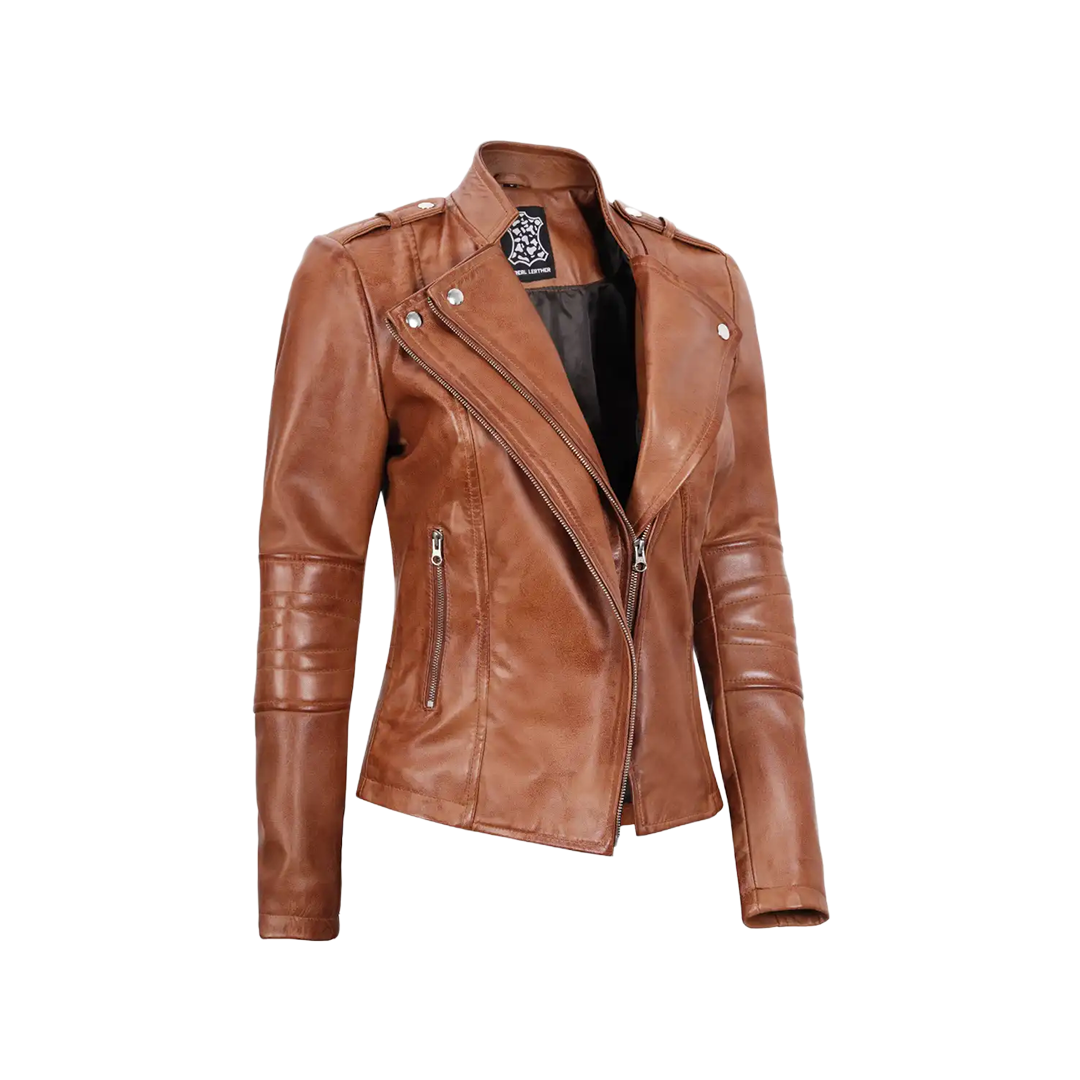 Women's Tan Brown Leather Motorcycle Jacket
