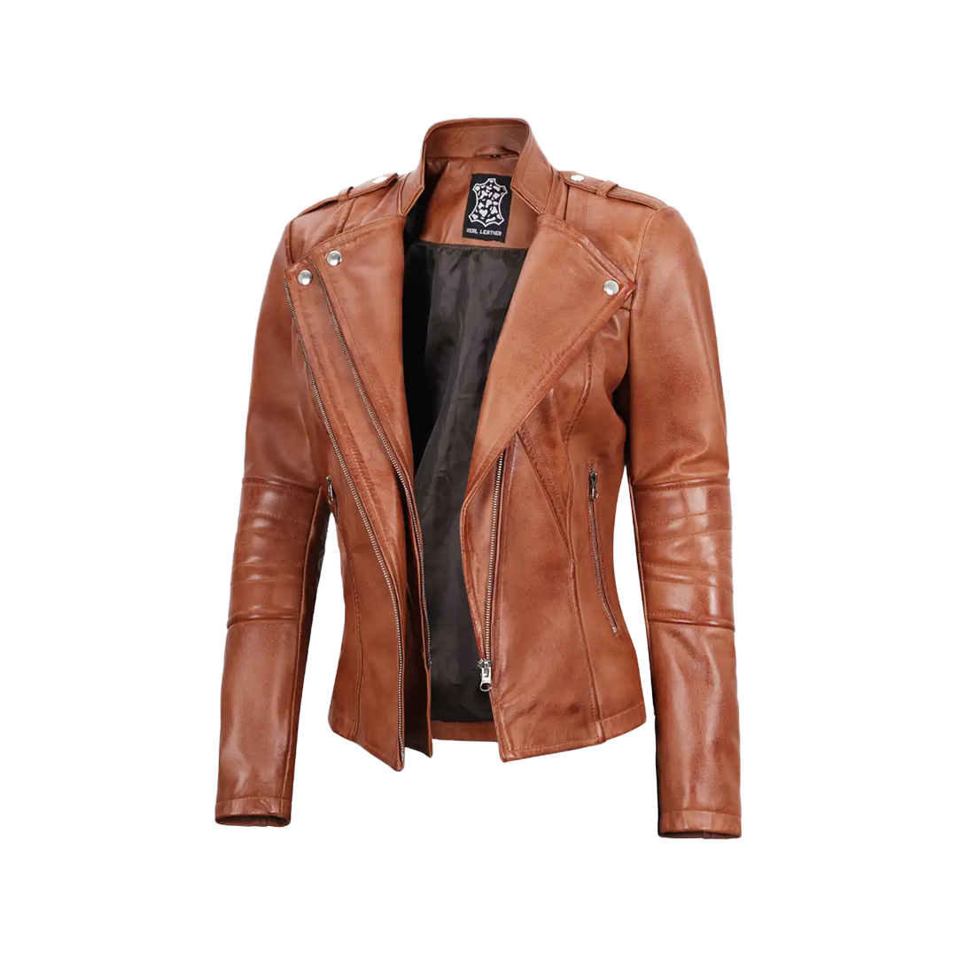 Women's Tan Brown Leather Motorcycle Jacket