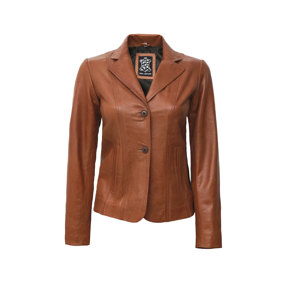 Women's Two Button Tan Leather Blazer Jacket