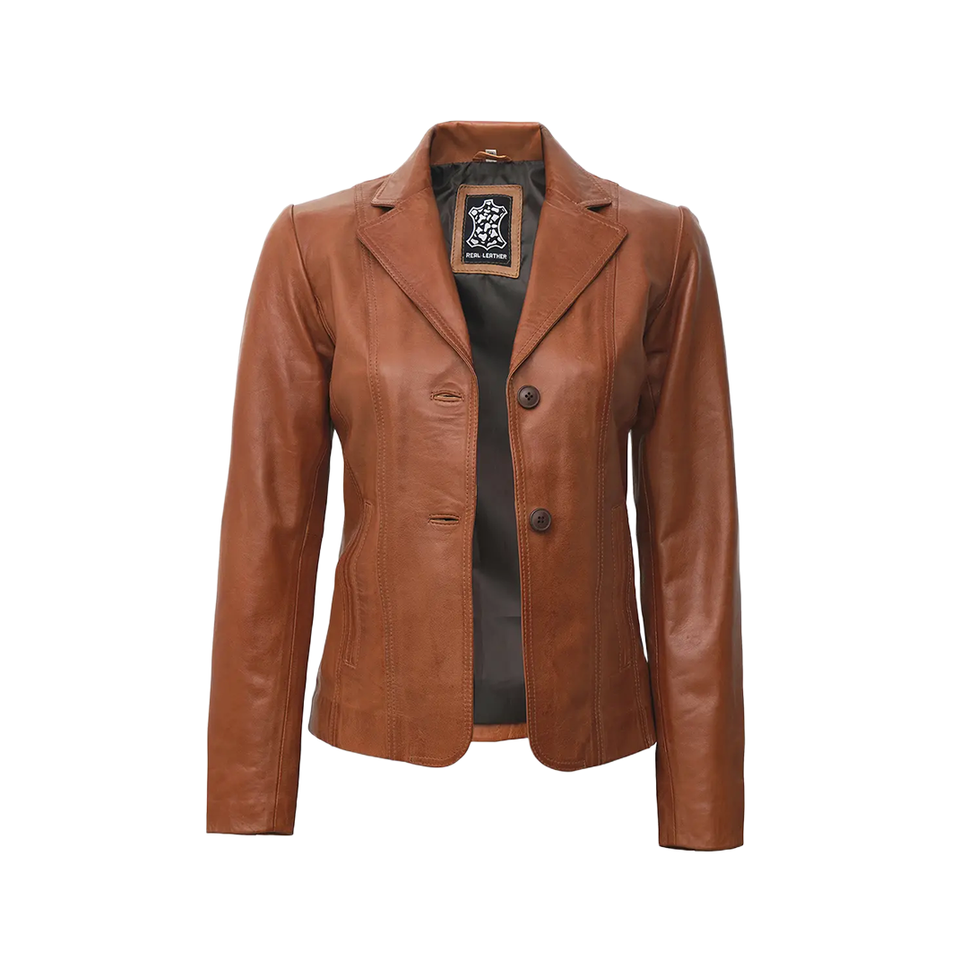 Women's Two Button Tan Leather Blazer Jacket