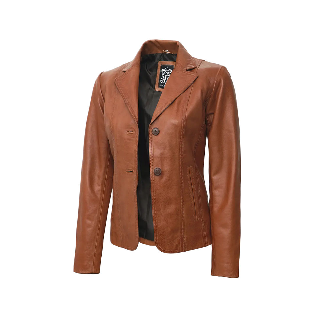 Women's Two Button Tan Leather Blazer Jacket