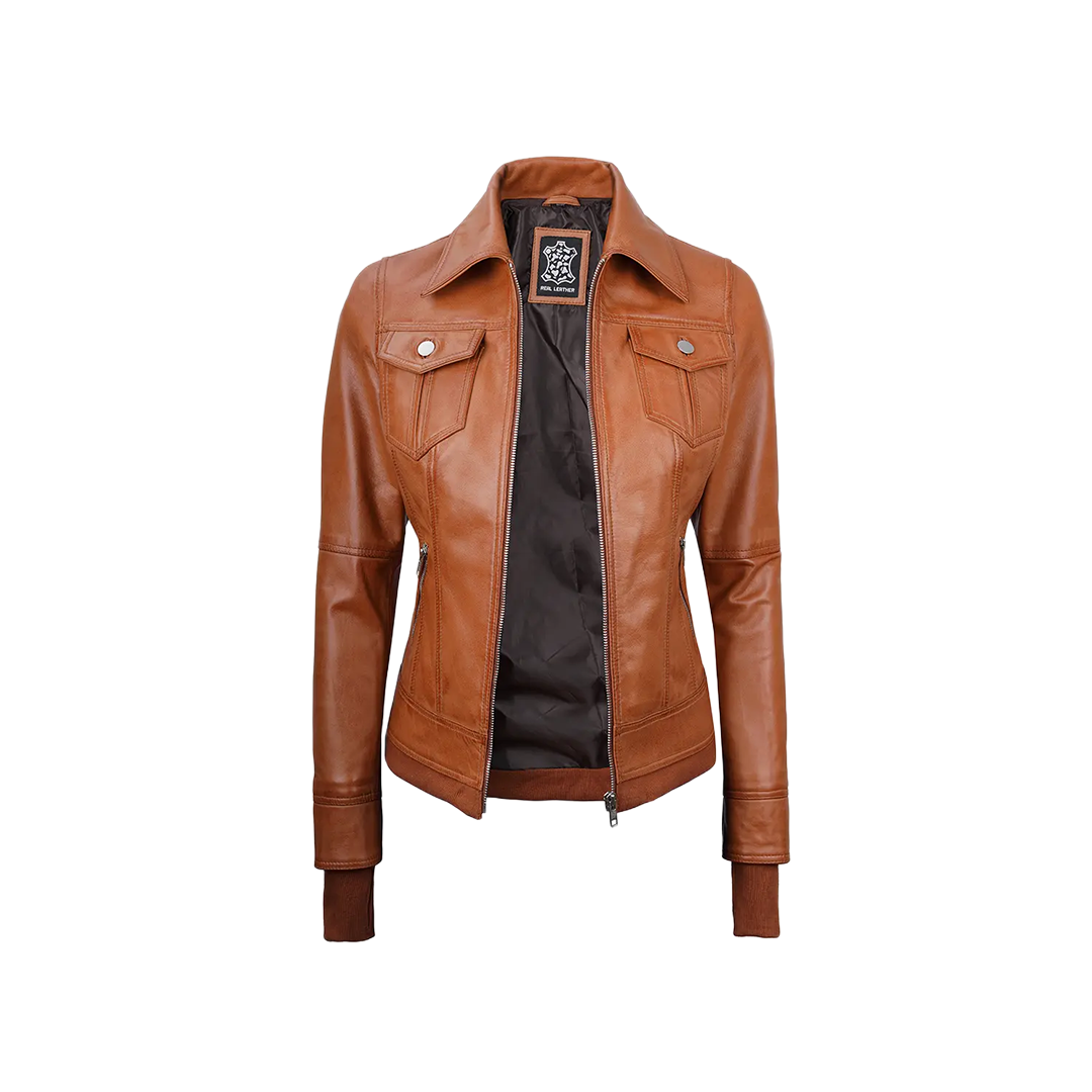 Women's Tan Wax Bomber Real Leather Jacket with Detachable Hood