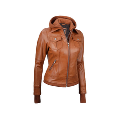 Women's Tan Wax Bomber Real Leather Jacket with Detachable Hood