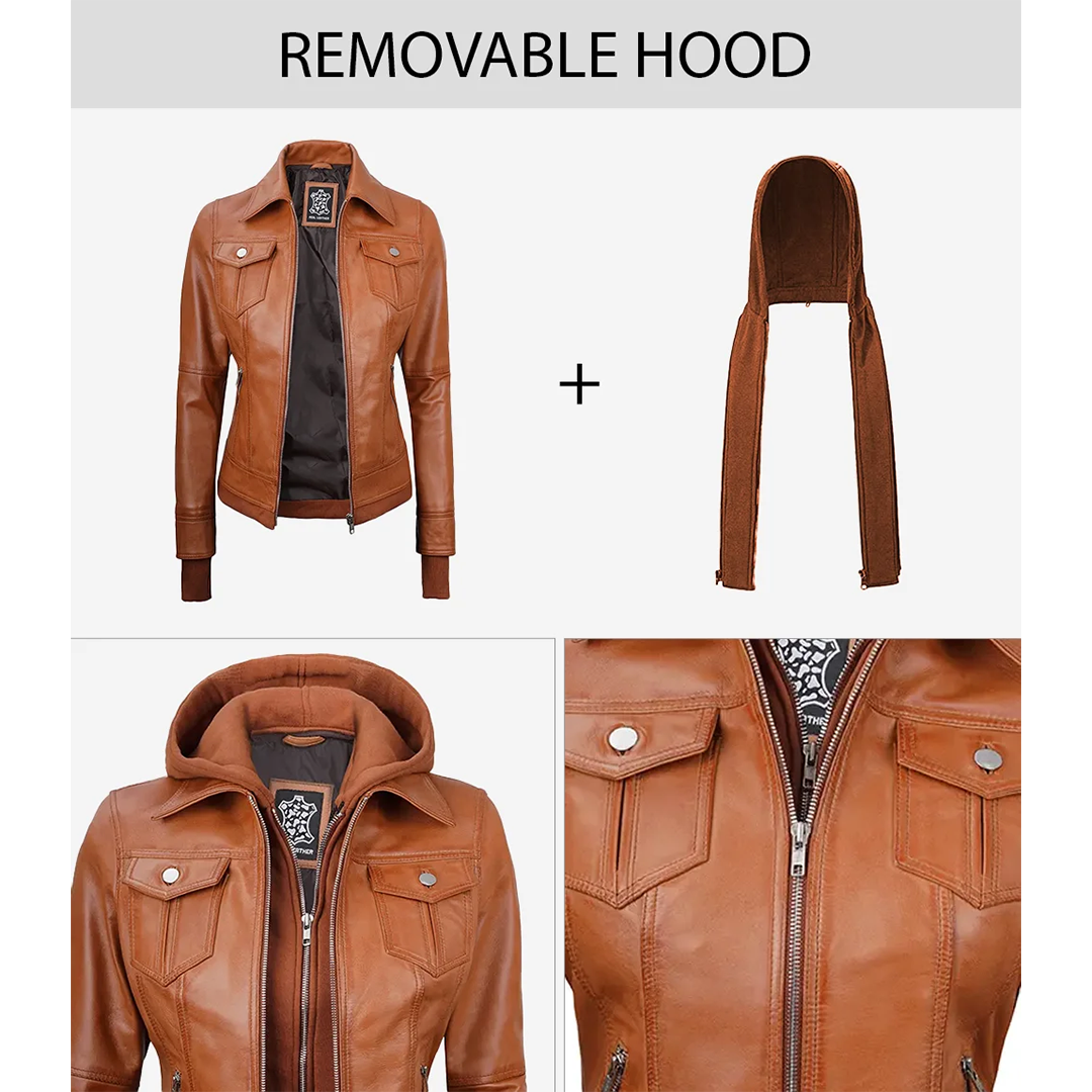 Women's Tan Wax Bomber Real Leather Jacket with Detachable Hood