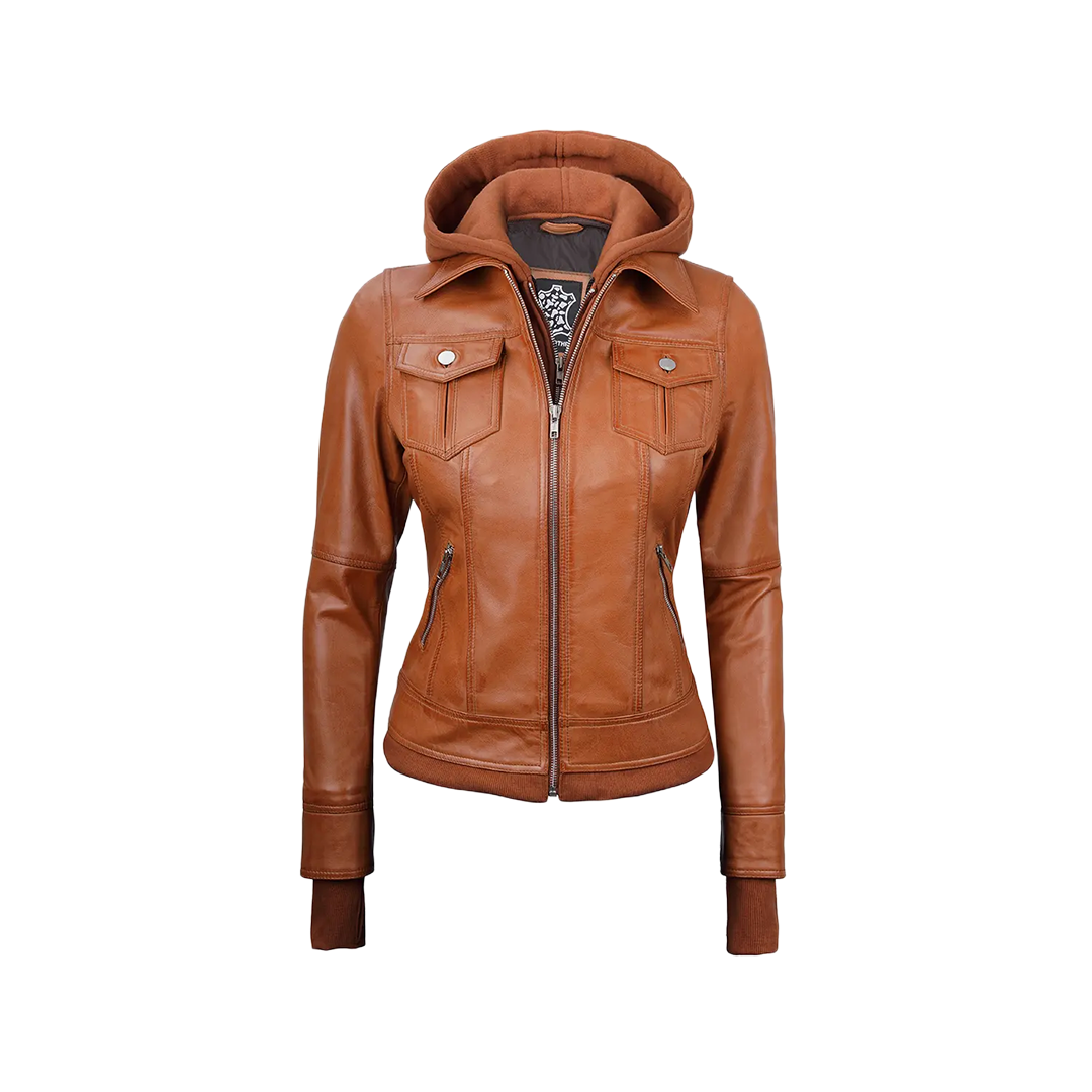 Women's Tan Wax Bomber Real Leather Jacket with Detachable Hood