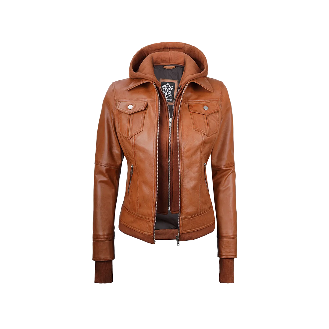 Women's Tan Wax Bomber Real Leather Jacket with Detachable Hood