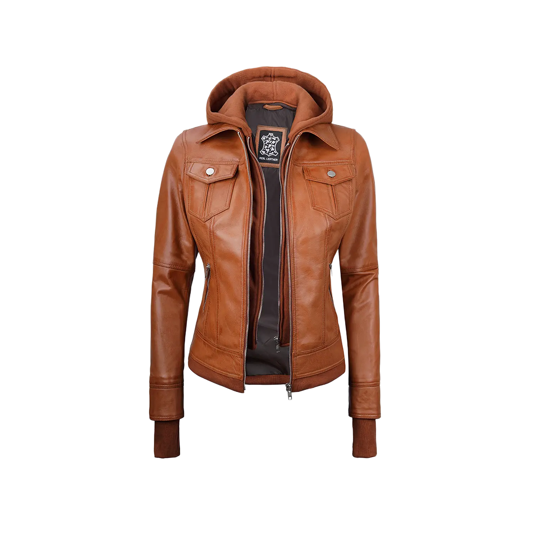 Women's Tan Wax Bomber Real Leather Jacket with Detachable Hood