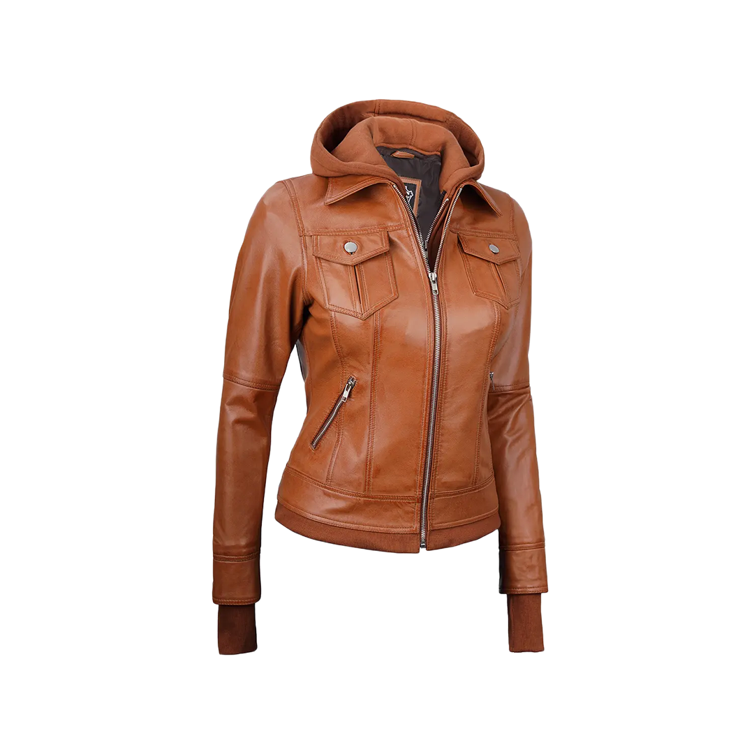 Women's Tan Wax Bomber Real Leather Jacket with Detachable Hood