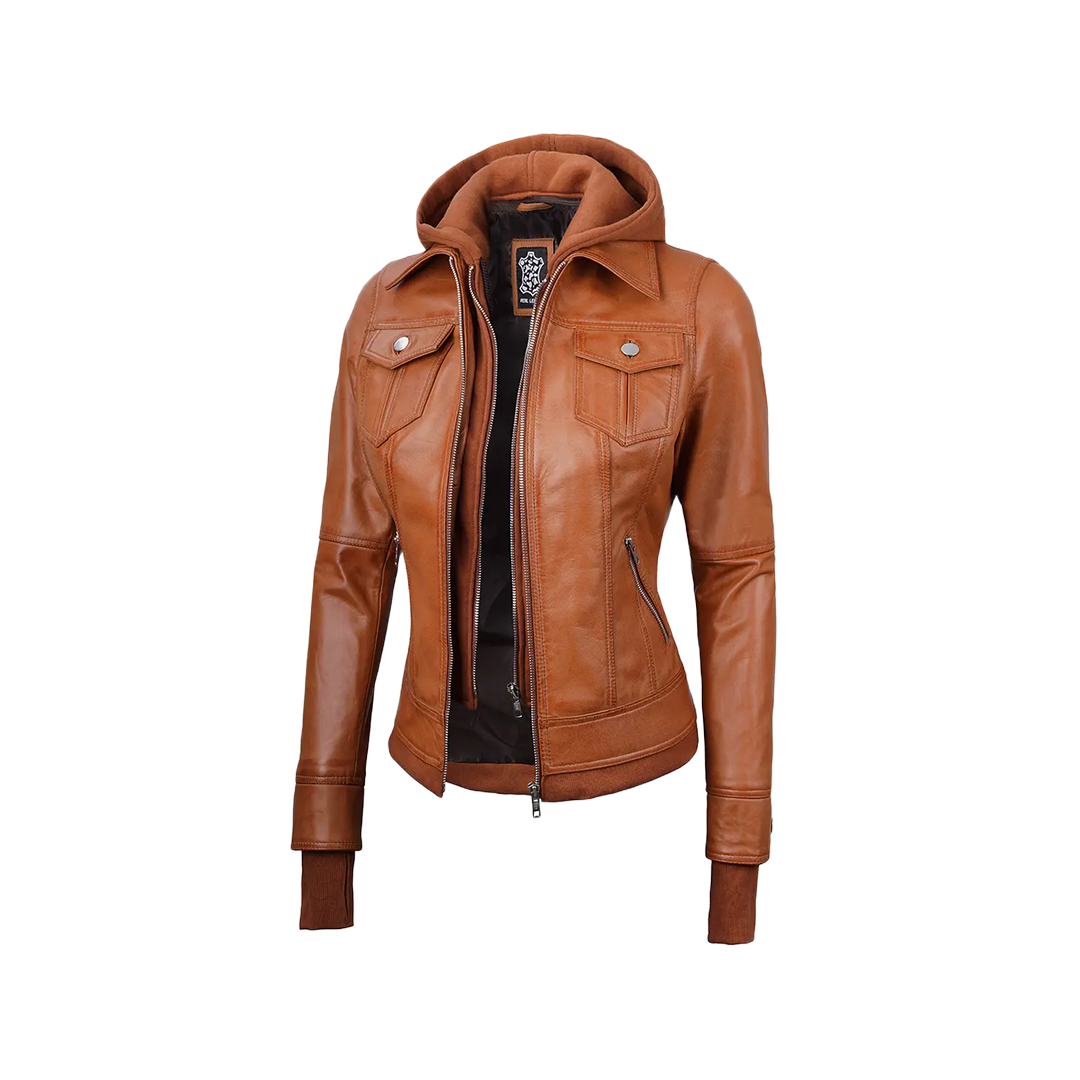 Women's Tan Wax Bomber Real Leather Jacket with Detachable Hood