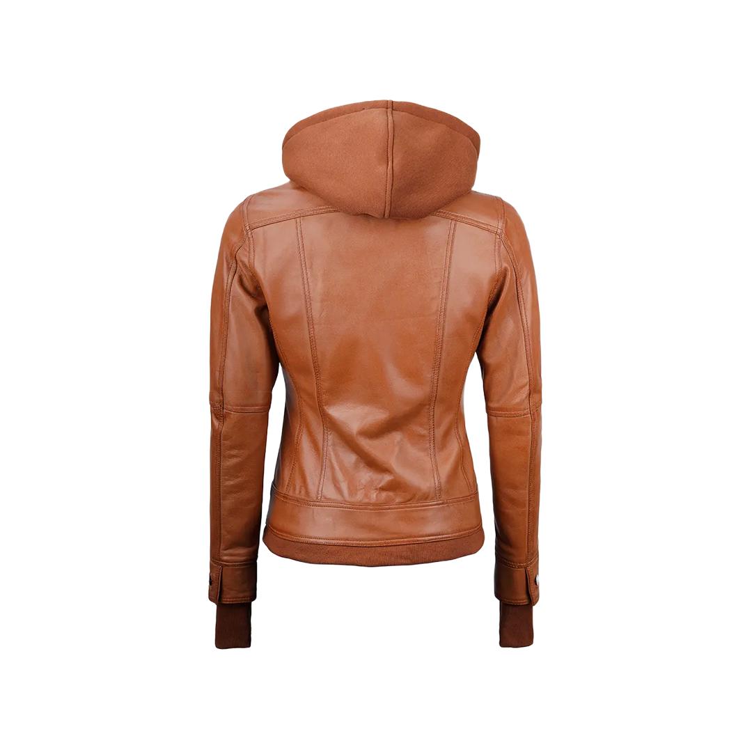 Women's Tan Wax Bomber Real Leather Jacket with Detachable Hood